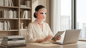 Workspace desk scene used as the featured image for the supplier-verification LED face mask blog post.