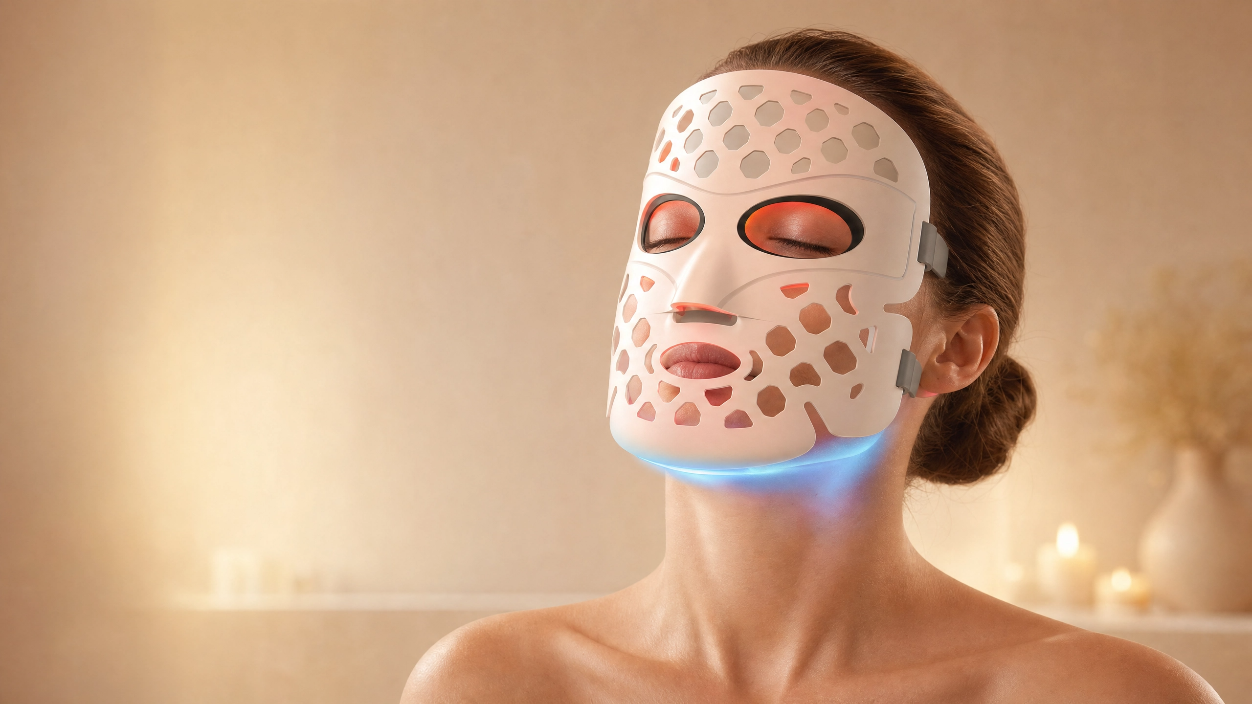 LED facial mask worn by model