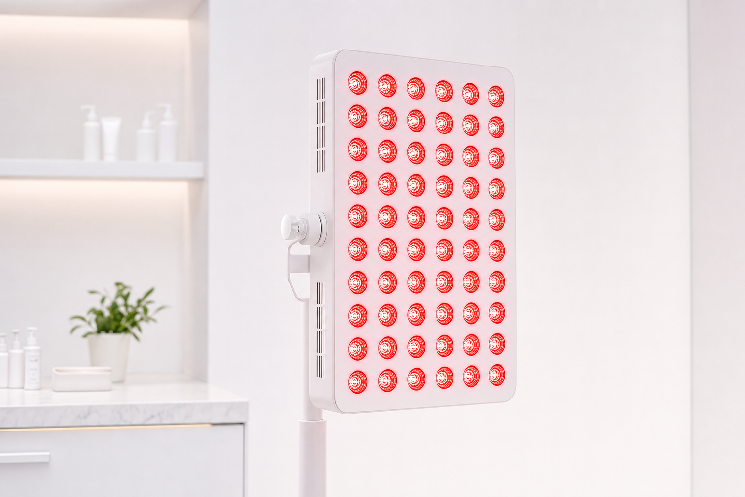 Clinic treatment scene with red light panel